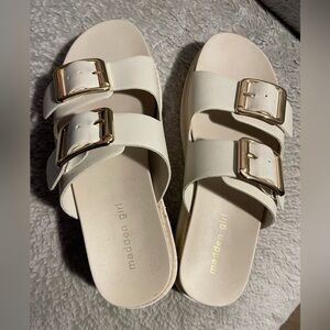 Madden Girl Off-White Slides with Gold Buckles